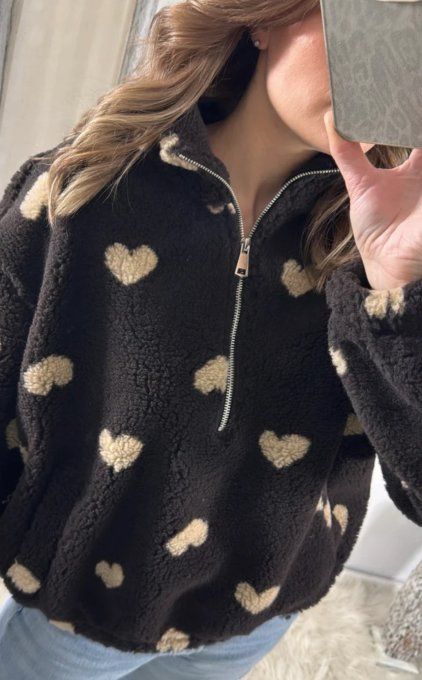 Sweat polaire marron à coeurs - Taille unique 36 au 40 